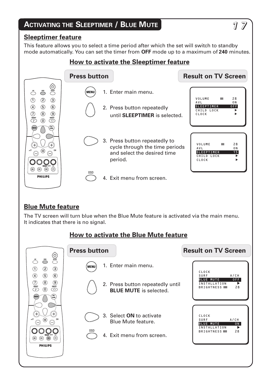 Sleeptimer feature, Blue mute feature, Ctivating the | Leeptimer | Philips 20PT1582 User Manual | Page 17 / 22