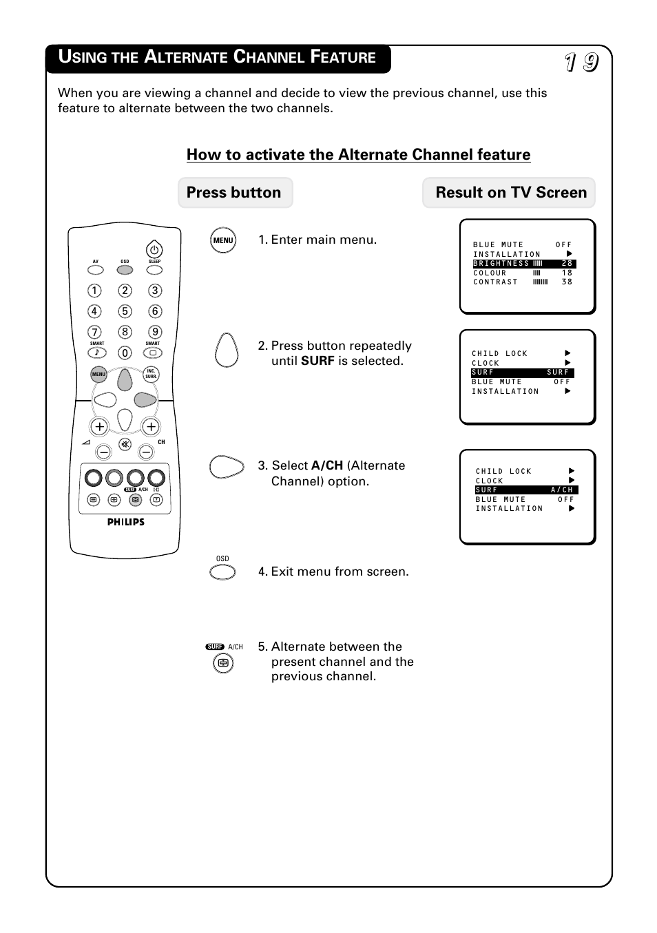 Sing the, Lternate, Hannel | Eature | Philips 20PT1582 User Manual | Page 19 / 22