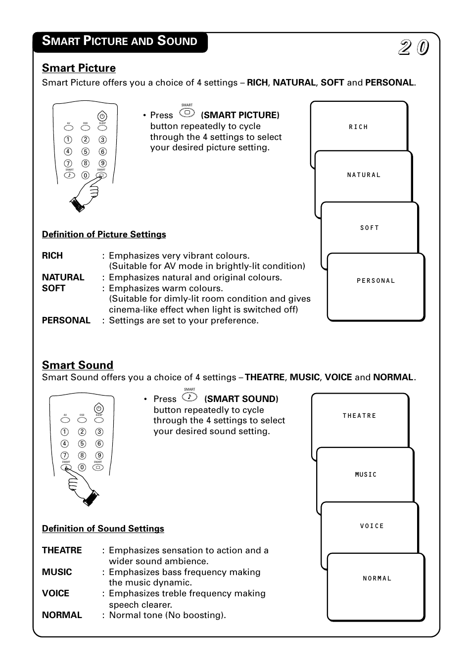 Smart picture, Smart sound, Mart | Icture and, Ound | Philips 20PT1582 User Manual | Page 20 / 22