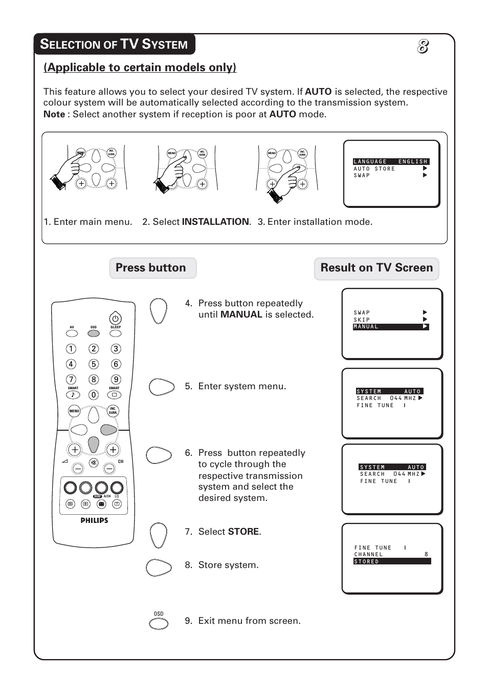 Applicable to certain models only), Press button result on tv screen, Election of | Ystem | Philips 20PT1582 User Manual | Page 8 / 22