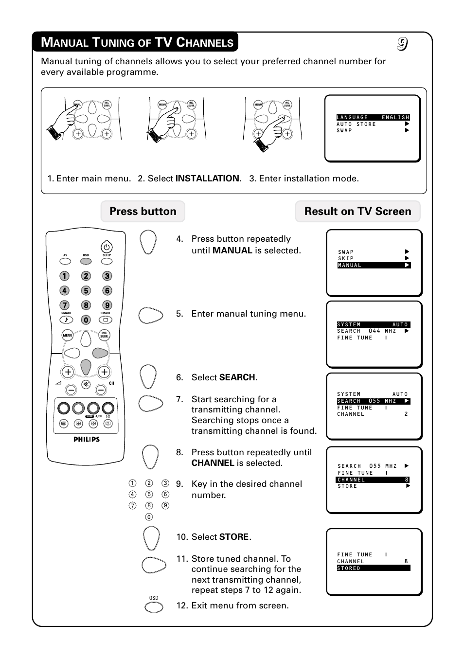 Tv c, Press button result on tv screen, Anual | Uning, Hannels | Philips 20PT1582 User Manual | Page 9 / 22