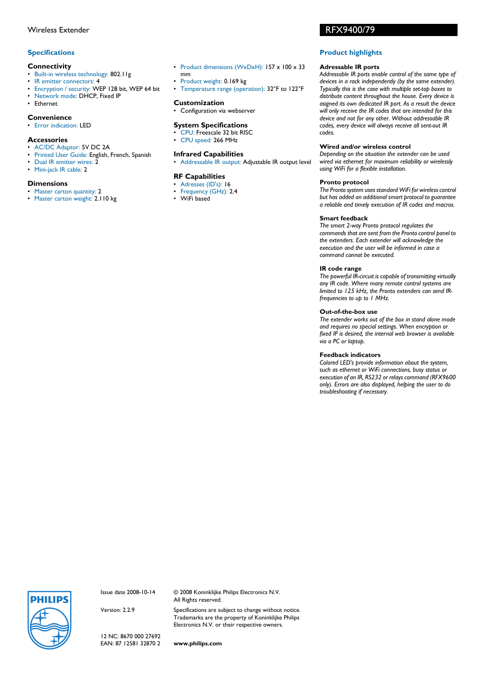 Philips RFX9400 User Manual | Page 2 / 2