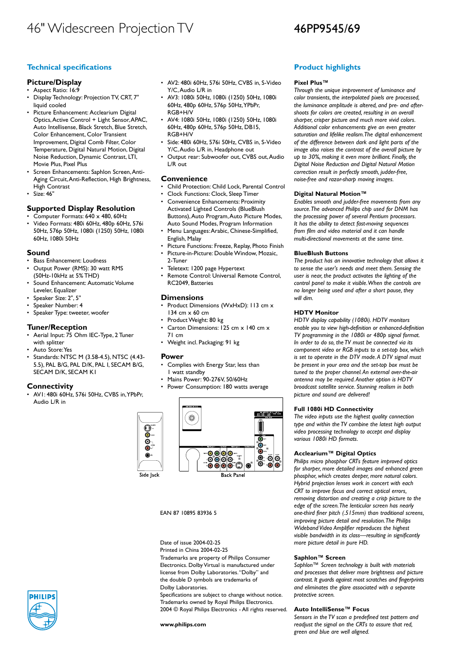 46" widescreen projection tv | Philips 46PP9545/69 User Manual | Page 2 / 2