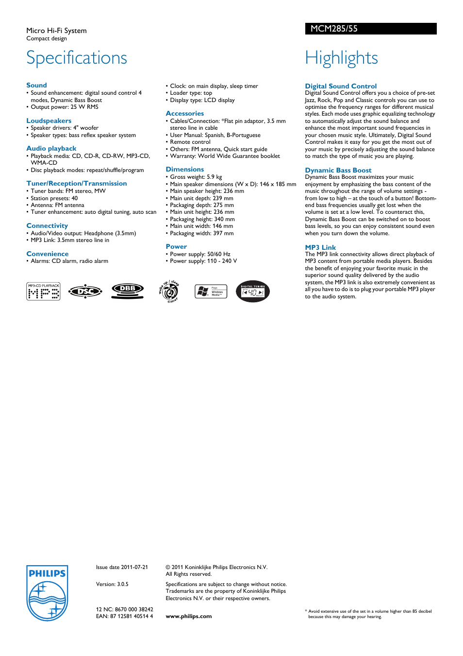 Specifications, Highlights | Philips Micro Hi-Fi System MCM285 User Manual | Page 2 / 2