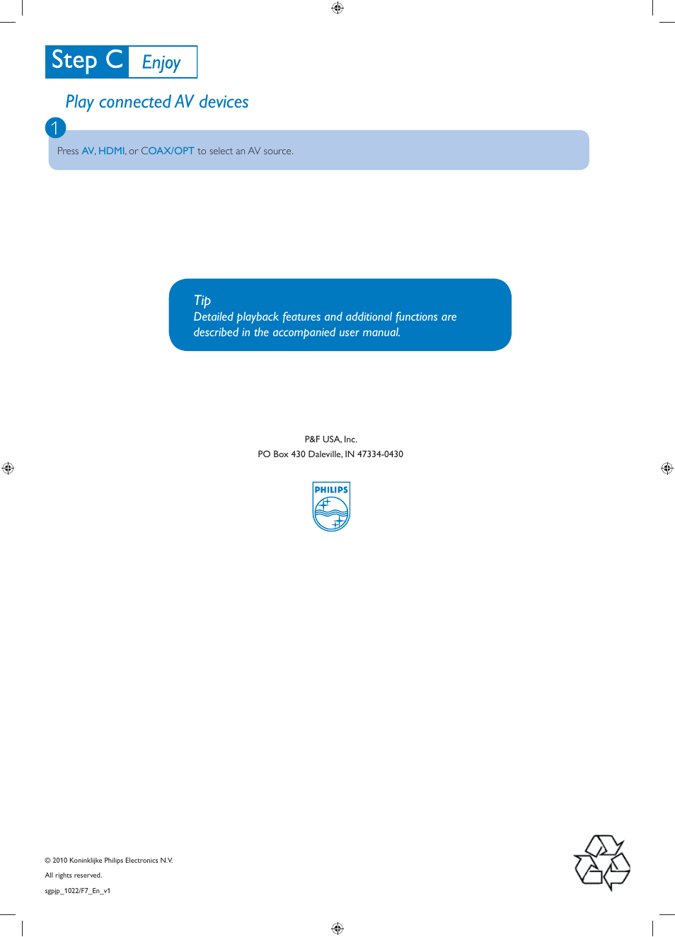 Play connected av devices 1 | Philips HSB2313A/F7 User Manual | Page 4 / 4