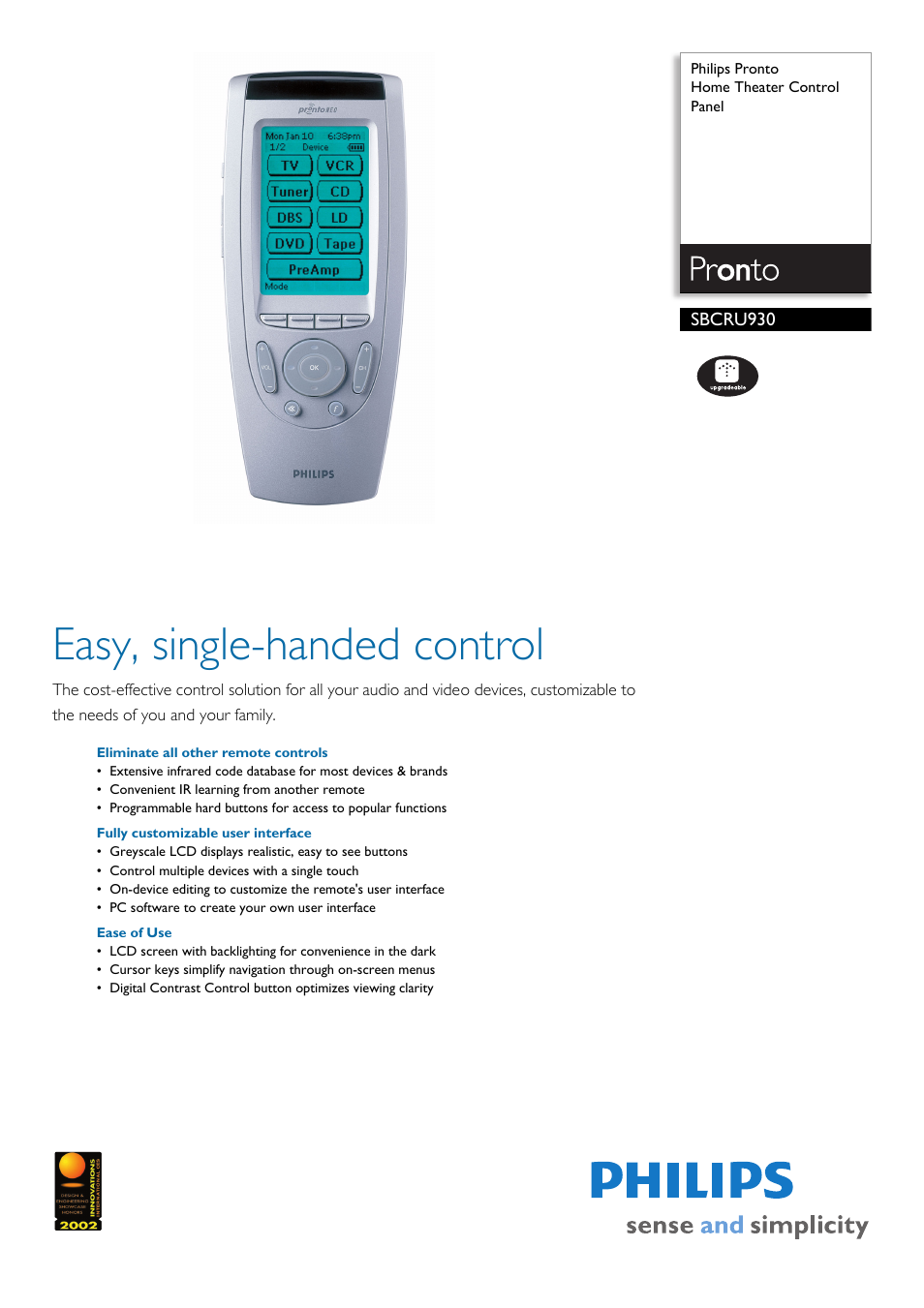 Philips PRONTO SBCRU930 User Manual | 2 pages