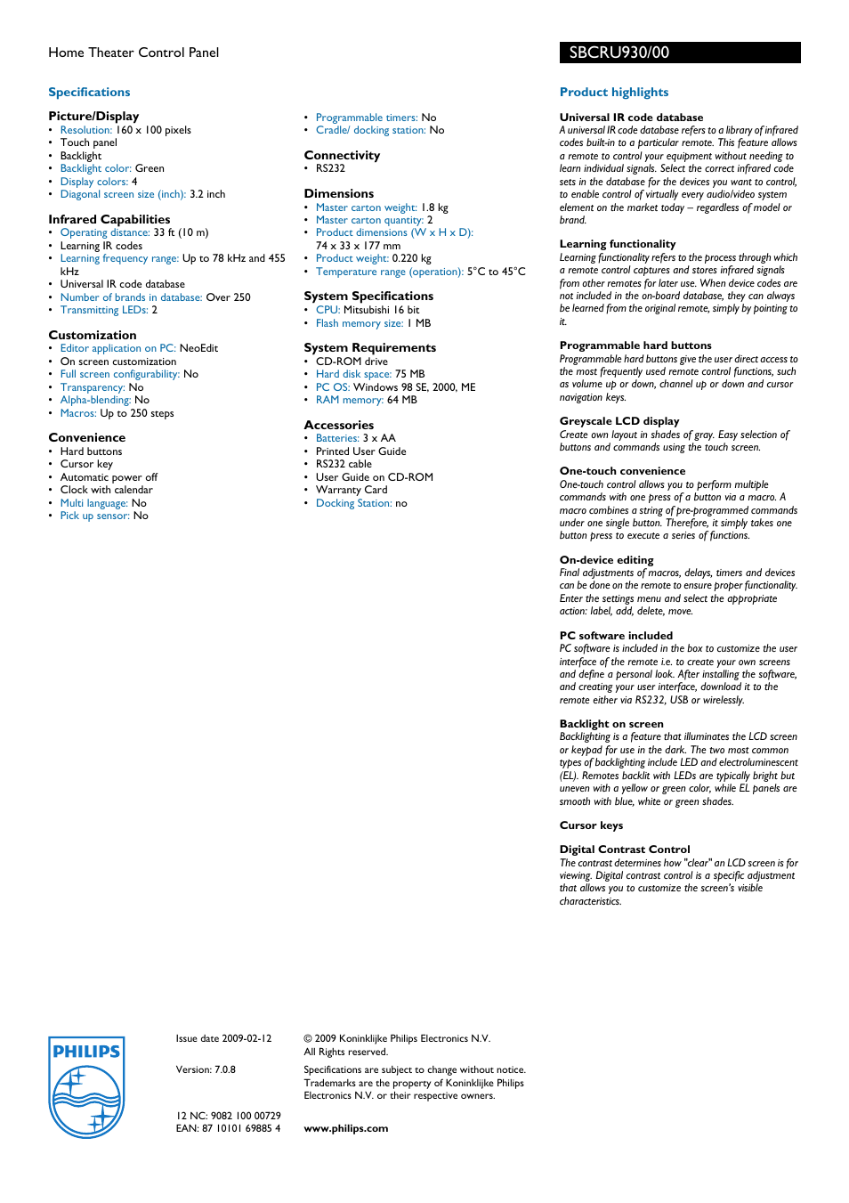 Philips PRONTO SBCRU930 User Manual | Page 2 / 2