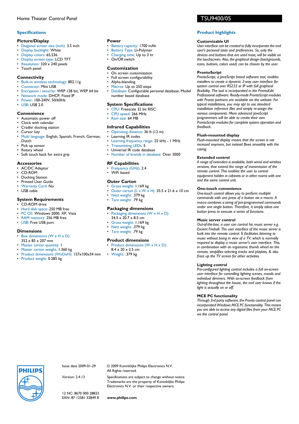 Philips Pronto TSU9405 User Manual | Page 2 / 2