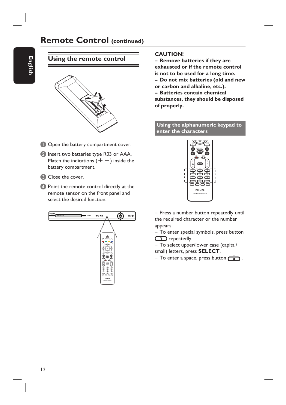 Remote control, Using the remote control, Continued) | English 12, Open the battery compartment cover, Close the cover | Philips DVDR5590H User Manual | Page 12 / 95