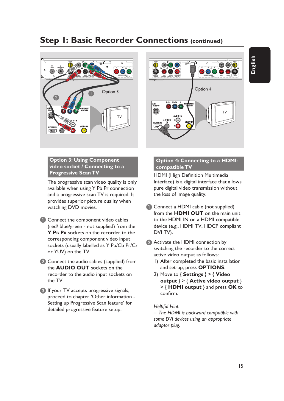 Step 1: basic recorder connections, Continued), English 15 | Option 3, Option 4 | Philips DVDR5590H User Manual | Page 15 / 95