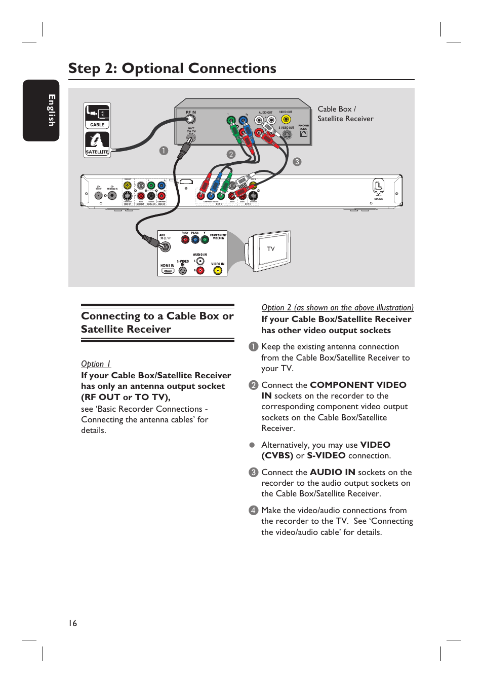 Step 2: optional connections, Connecting to a cable box or satellite receiver, English 16 | Cable box / satellite receiver | Philips DVDR5590H User Manual | Page 16 / 95