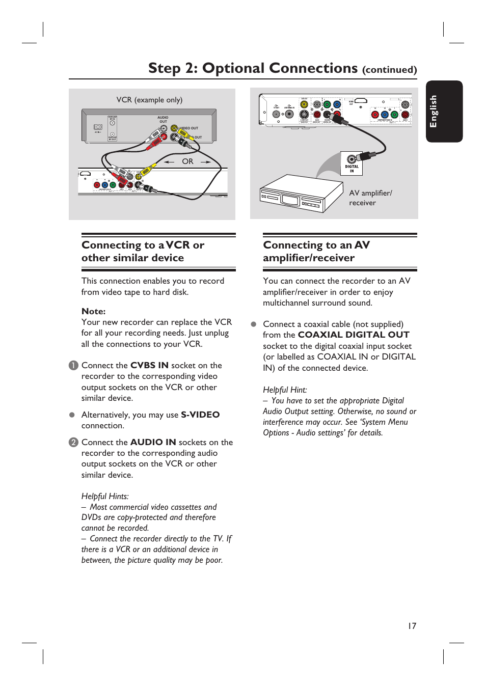 Step 2: optional connections, Connecting to a vcr or other similar device, Connecting to an av amplifi er/receiver | Continued), English 17, Vcr (example only), Av amplifi er/ receiver or | Philips DVDR5590H User Manual | Page 17 / 95