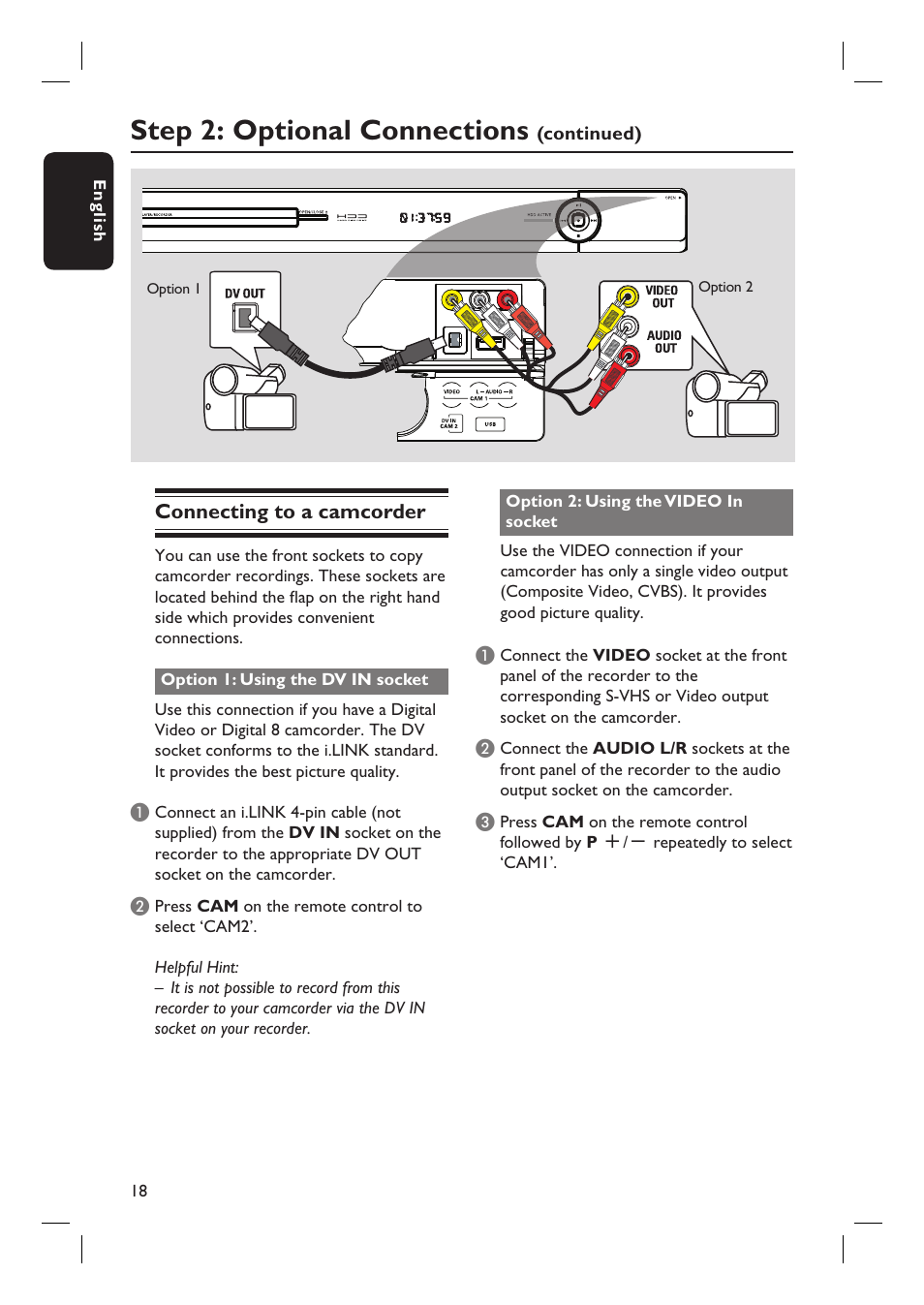 Step 2: optional connections | Philips DVDR5590H User Manual | Page 18 / 95