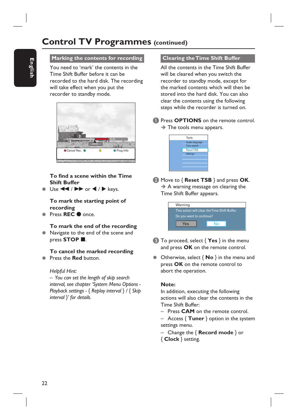 Control tv programmes, Continued) | Philips DVDR5590H User Manual | Page 22 / 95