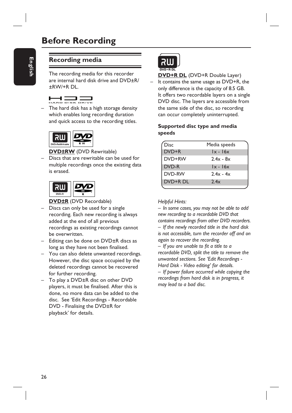 Before recording, Recording media | Philips DVDR5590H User Manual | Page 26 / 95