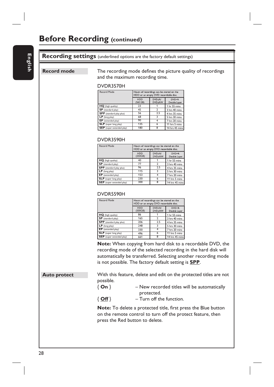 Before recording, Recording settings, Continued) | English 28, Dvdr3590h, Dvdr5590h | Philips DVDR5590H User Manual | Page 28 / 95