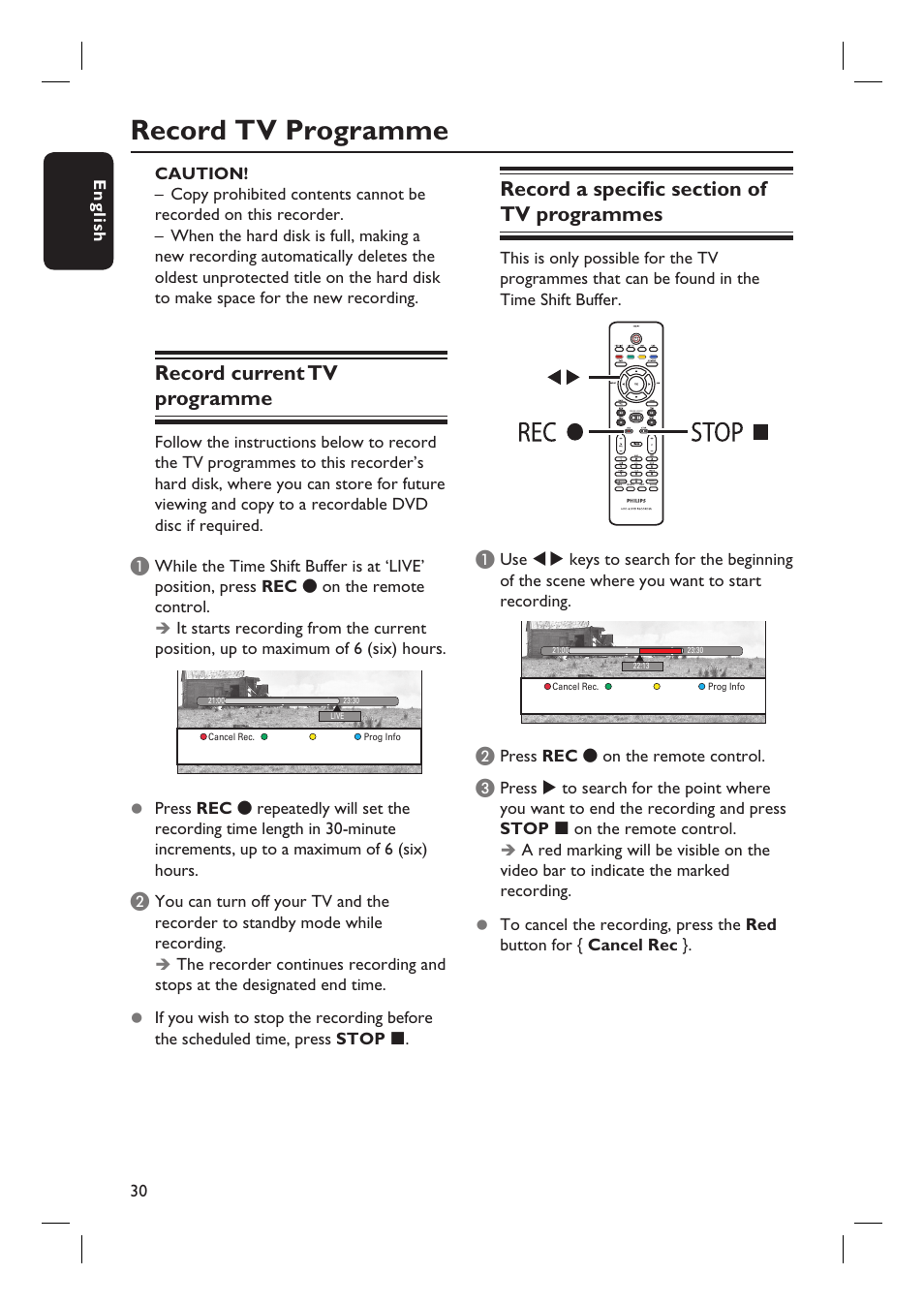 Record tv programme, Record current tv programme, English 30 | Press rec z on the remote control | Philips DVDR5590H User Manual | Page 30 / 95