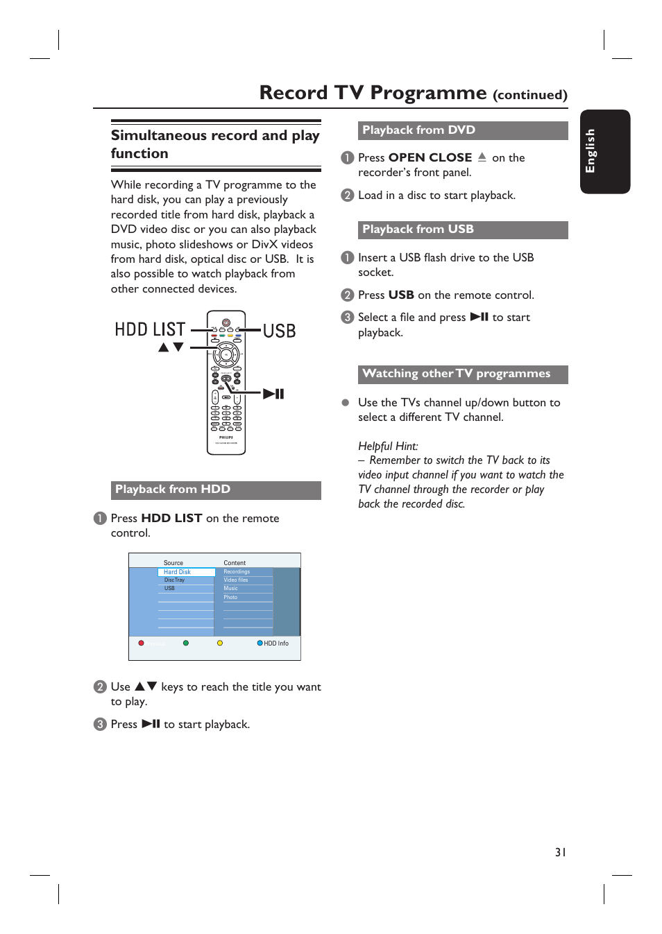 Record tv programme, Simultaneous record and play function, Continued) | Philips DVDR5590H User Manual | Page 31 / 95