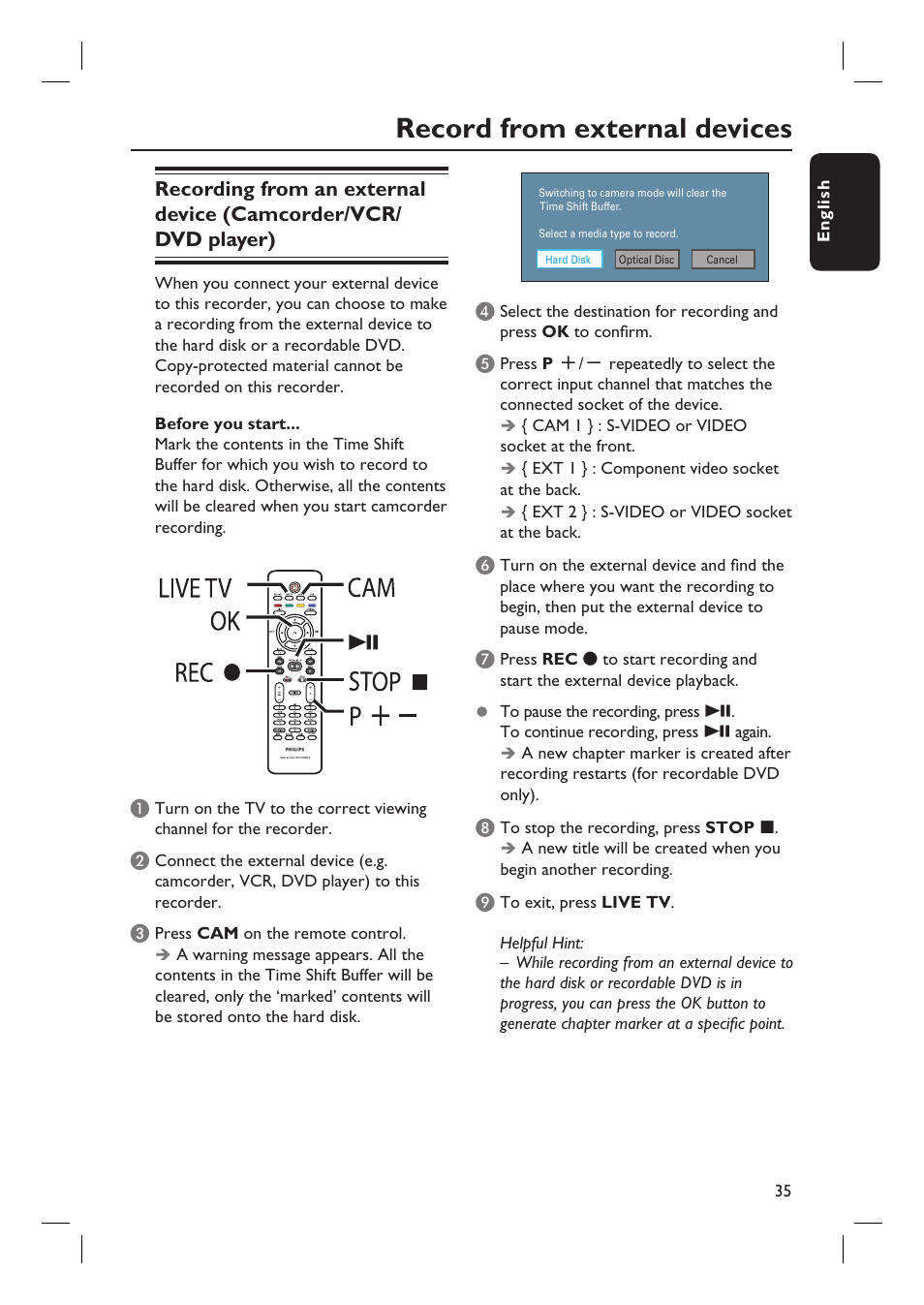 Record from external devices | Philips DVDR5590H User Manual | Page 35 / 95