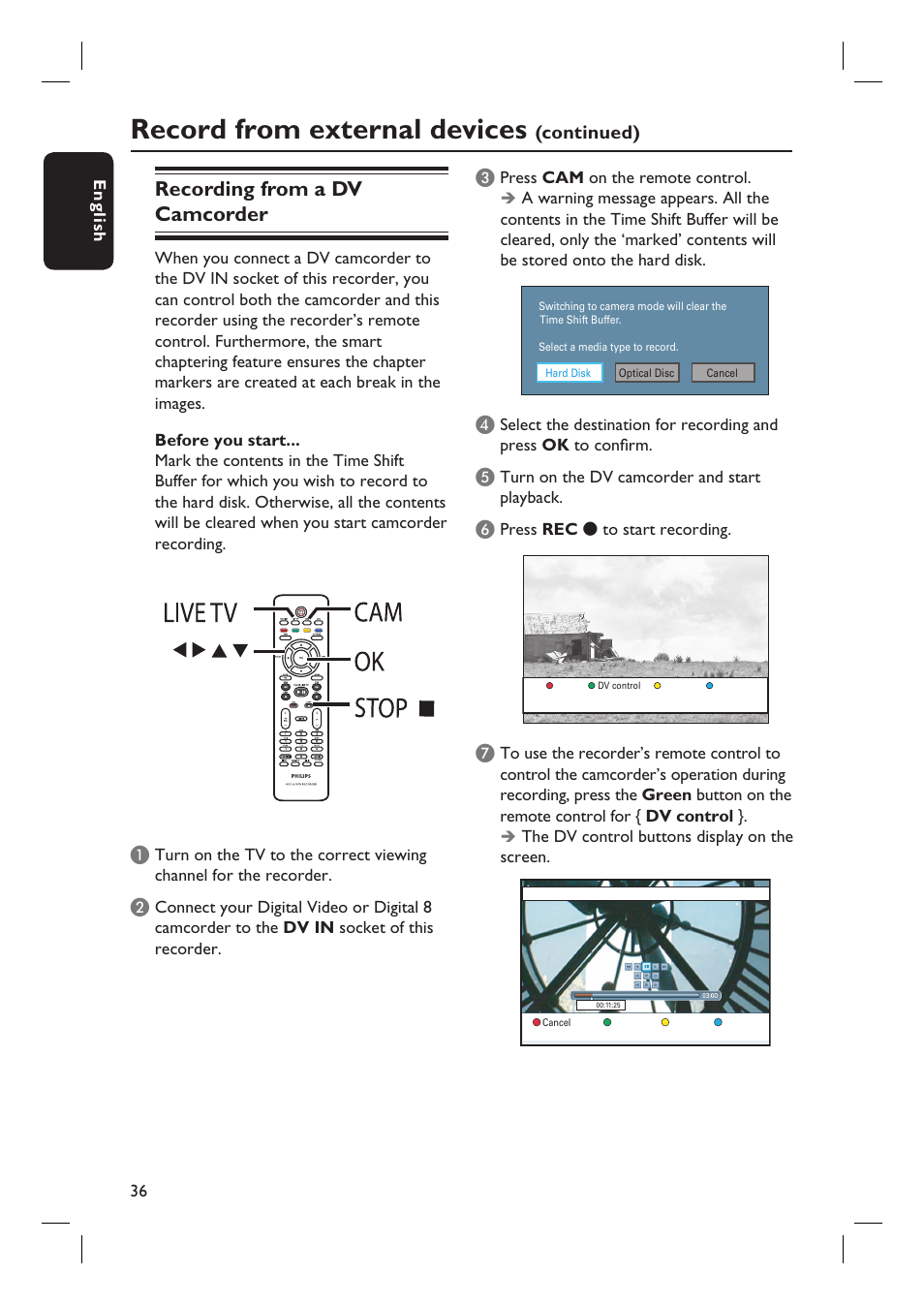 Record from external devices, Recording from a dv camcorder, Continued) c | Philips DVDR5590H User Manual | Page 36 / 95