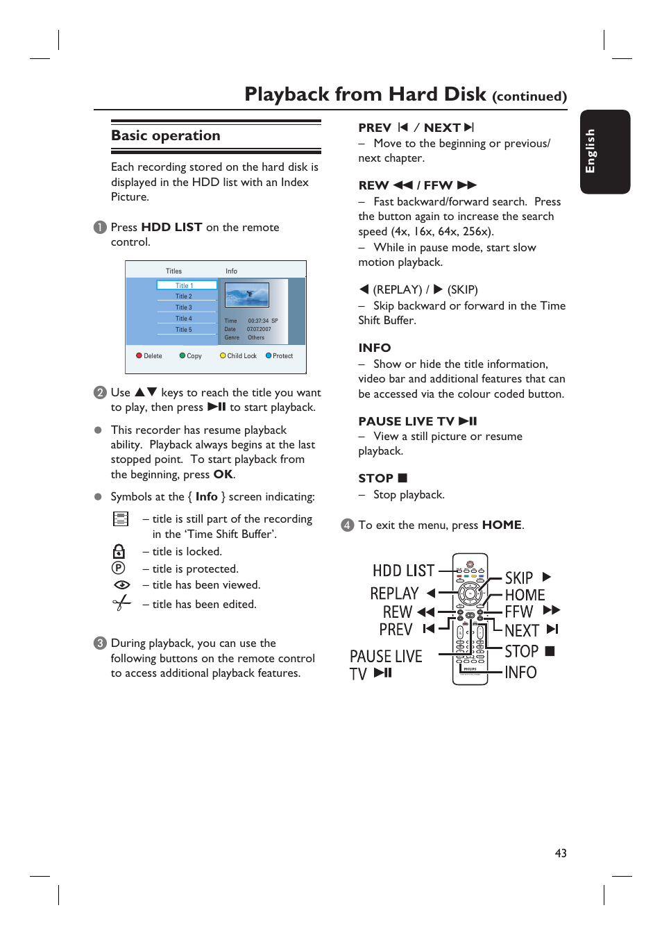 Playback from hard disk, Basic operation, Continued) | Philips DVDR5590H User Manual | Page 43 / 95