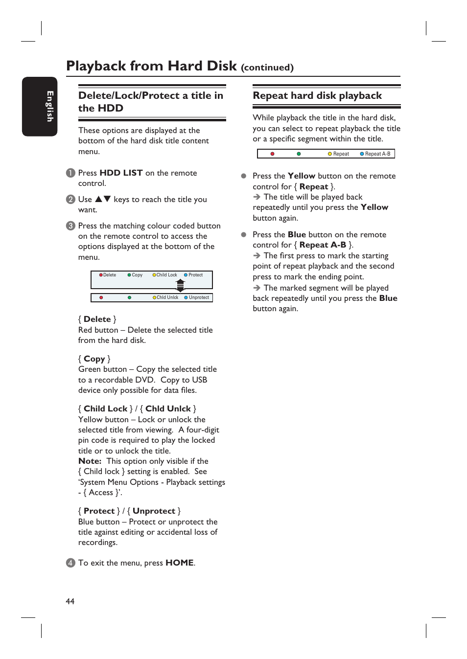 Playback from hard disk, Delete/lock/protect a title in the hdd, Repeat hard disk playback | Continued) | Philips DVDR5590H User Manual | Page 44 / 95