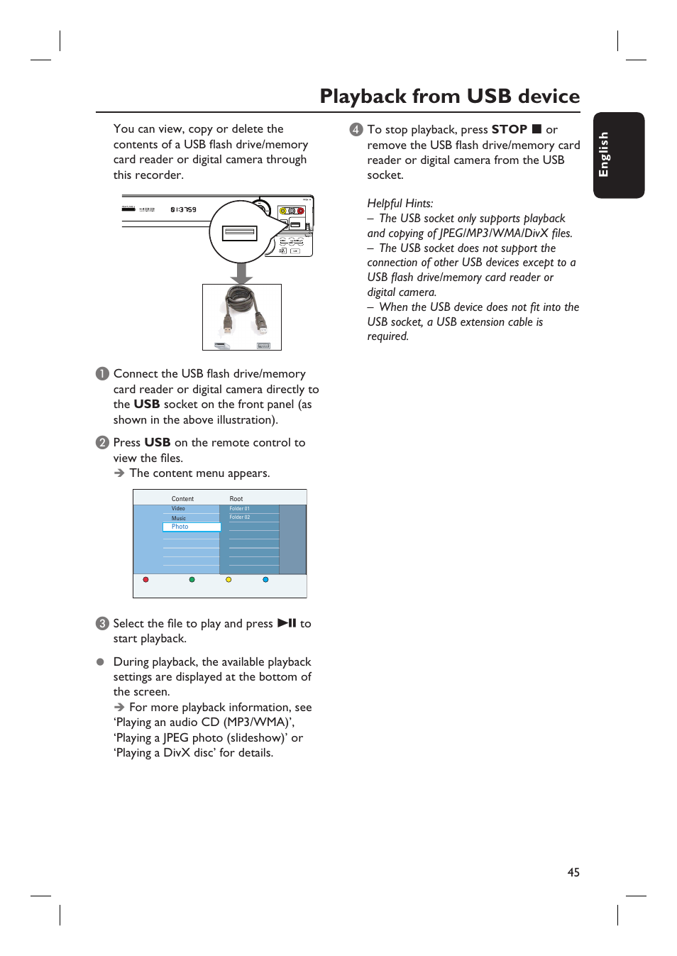 Playback from usb device | Philips DVDR5590H User Manual | Page 45 / 95