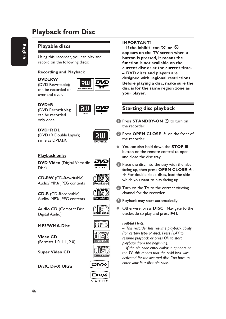 Playback from disc, Playable discs, Starting disc playback | Philips DVDR5590H User Manual | Page 46 / 95