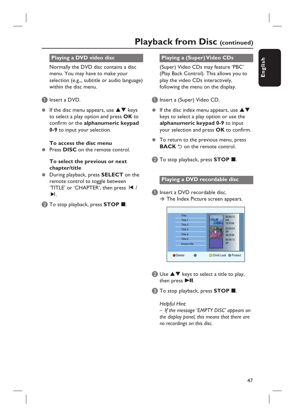 Playback from disc, Continued) | Philips DVDR5590H User Manual | Page 47 / 95