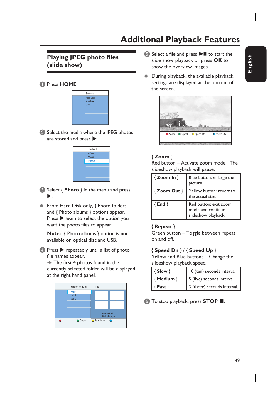 Additional playback features, Playing jpeg photo fi les (slide show) | Philips DVDR5590H User Manual | Page 49 / 95