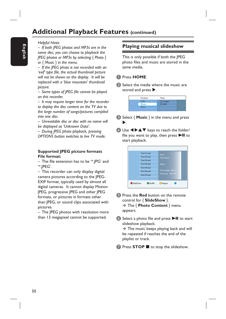 Additional playback features, Playing musical slideshow, Continued) | Philips DVDR5590H User Manual | Page 50 / 95