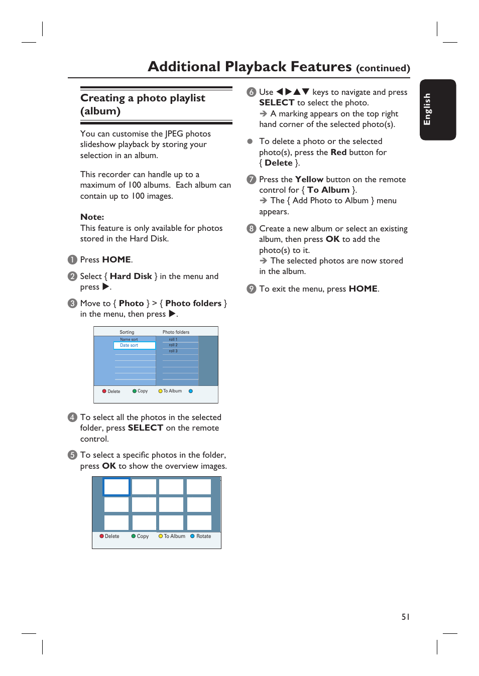 Additional playback features, Creating a photo playlist (album), Continued) | Philips DVDR5590H User Manual | Page 51 / 95