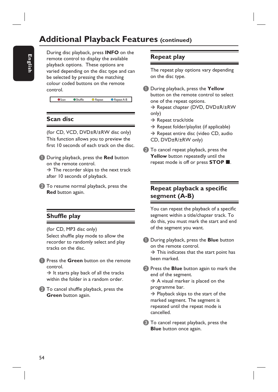 Additional playback features, Scan disc, Shuffl e play | Repeat play, Repeat playback a specifi c segment (a-b) | Philips DVDR5590H User Manual | Page 54 / 95