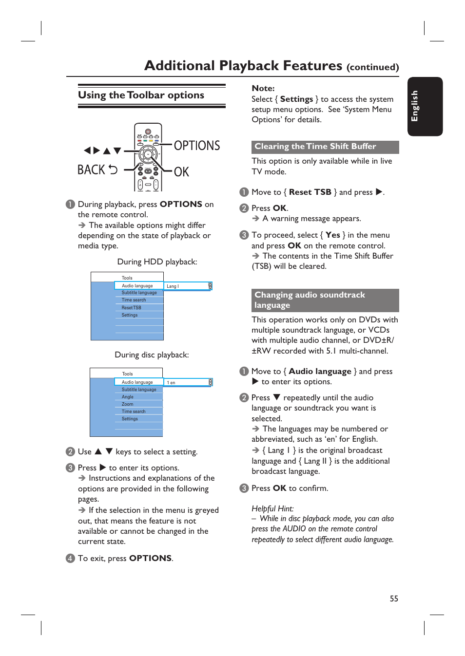 Additional playback features, Using the toolbar options | Philips DVDR5590H User Manual | Page 55 / 95