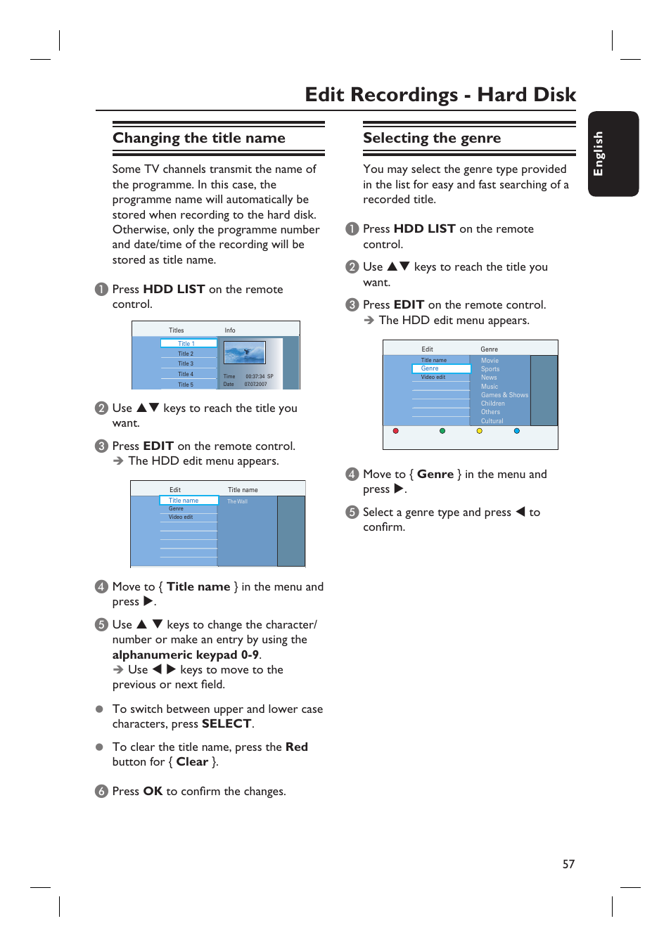 Edit recordings - hard disk, Changing the title name, Selecting the genre | Philips DVDR5590H User Manual | Page 57 / 95