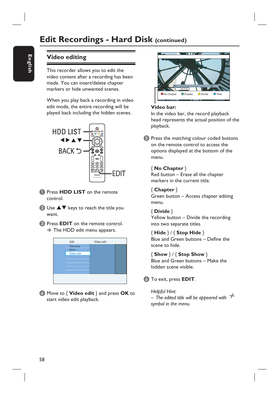 Edit recordings - hard disk, Video editing, Continued) | Philips DVDR5590H User Manual | Page 58 / 95