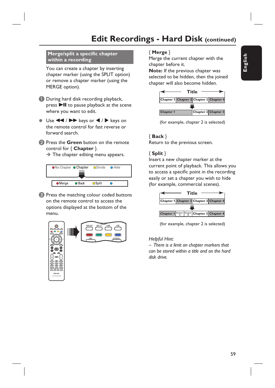 Edit recordings - hard disk, Continued), English 59 | The chapter editing menu appears | Philips DVDR5590H User Manual | Page 59 / 95