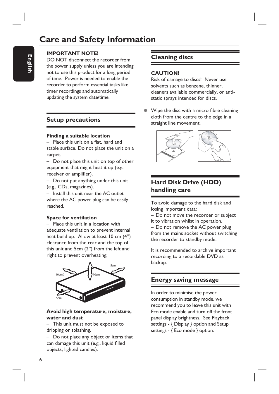 Care and safety information, Cleaning discs, Hard disk drive (hdd) handling care | Energy saving message, Setup precautions | Philips DVDR5590H User Manual | Page 6 / 95