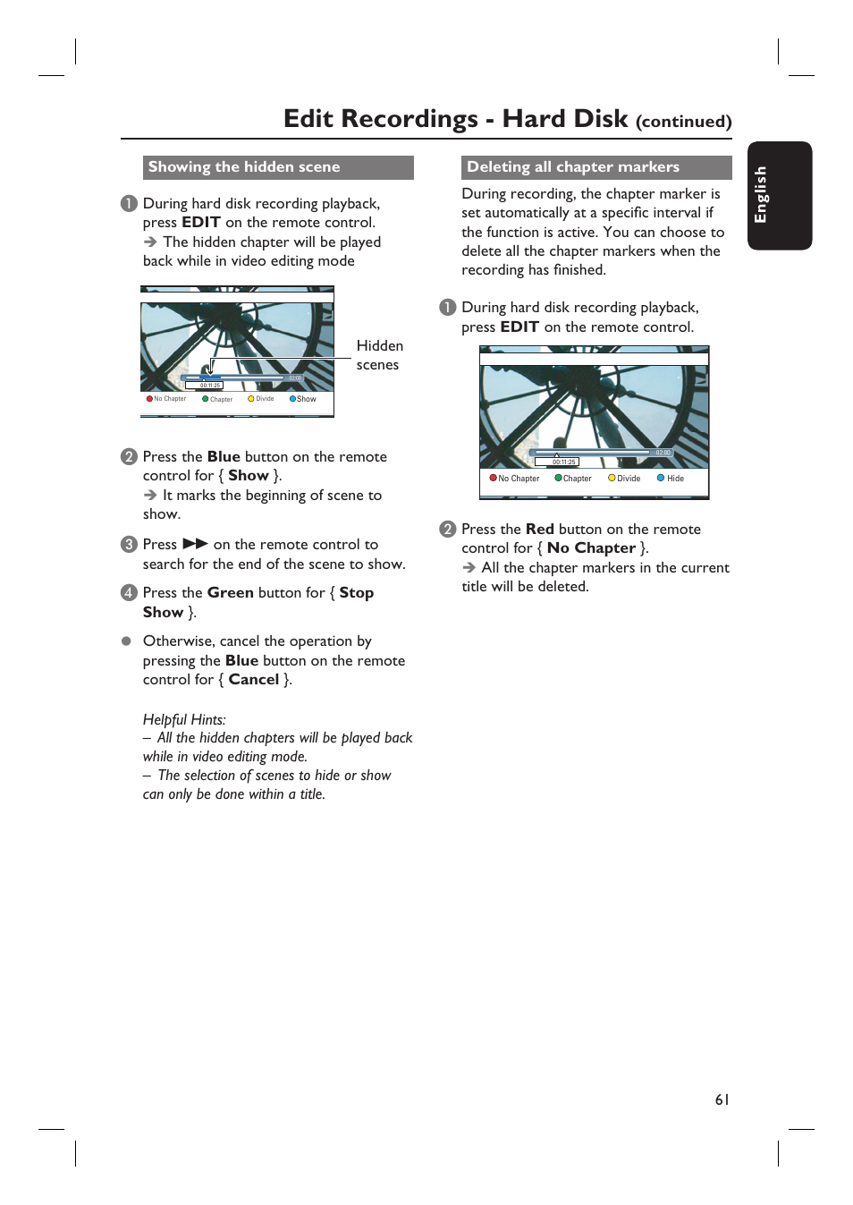 Edit recordings - hard disk, Continued) | Philips DVDR5590H User Manual | Page 61 / 95