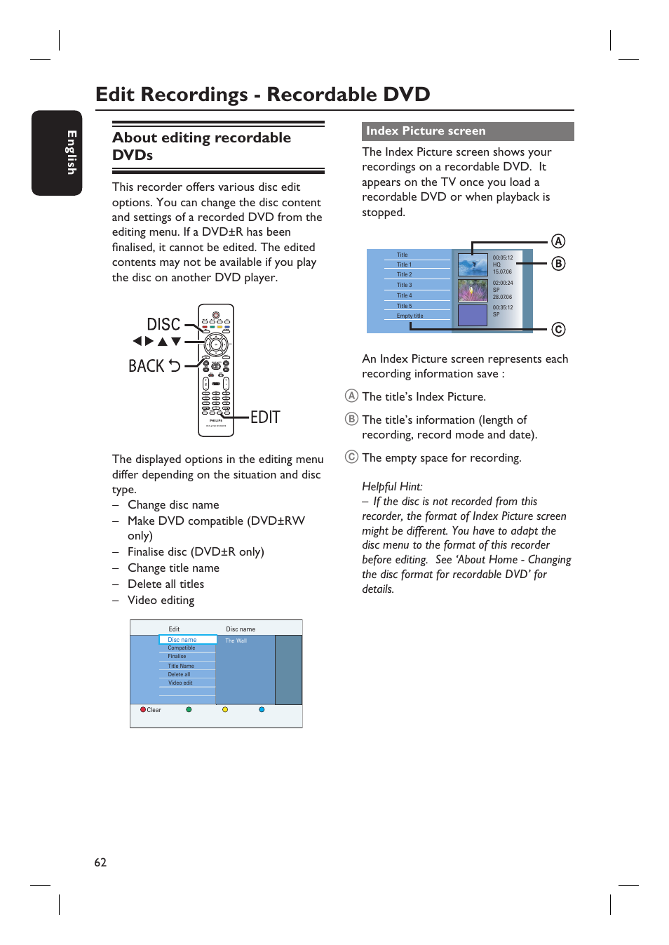 Edit recordings - recordable dvd, About editing recordable dvds, English 62 | The title’s index picture | Philips DVDR5590H User Manual | Page 62 / 95