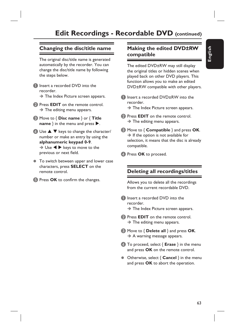 Edit recordings - recordable dvd, Changing the disc/title name, Making the edited dvd±rw compatible | Deleting all recordings/titles | Philips DVDR5590H User Manual | Page 63 / 95