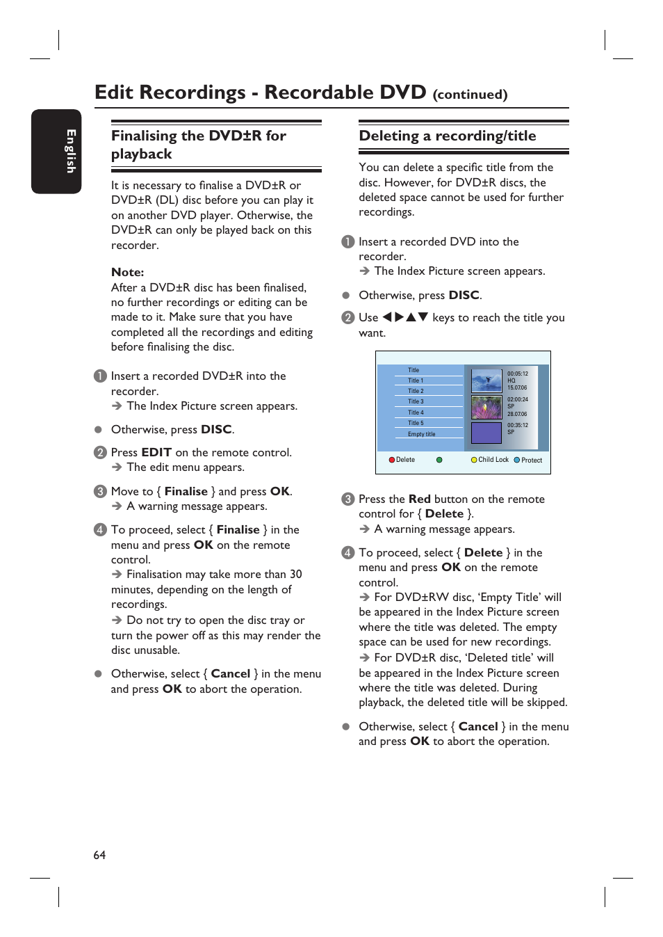 Edit recordings - recordable dvd, Finalising the dvd±r for playback, Deleting a recording/title | Philips DVDR5590H User Manual | Page 64 / 95