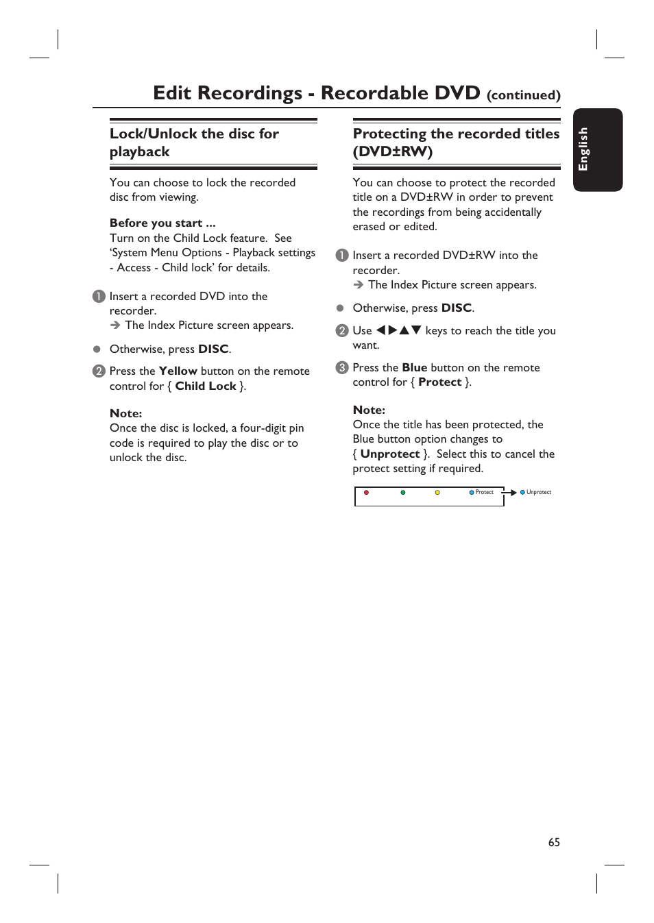 Edit recordings - recordable dvd, Lock/unlock the disc for playback, Protecting the recorded titles (dvd±rw) | Philips DVDR5590H User Manual | Page 65 / 95