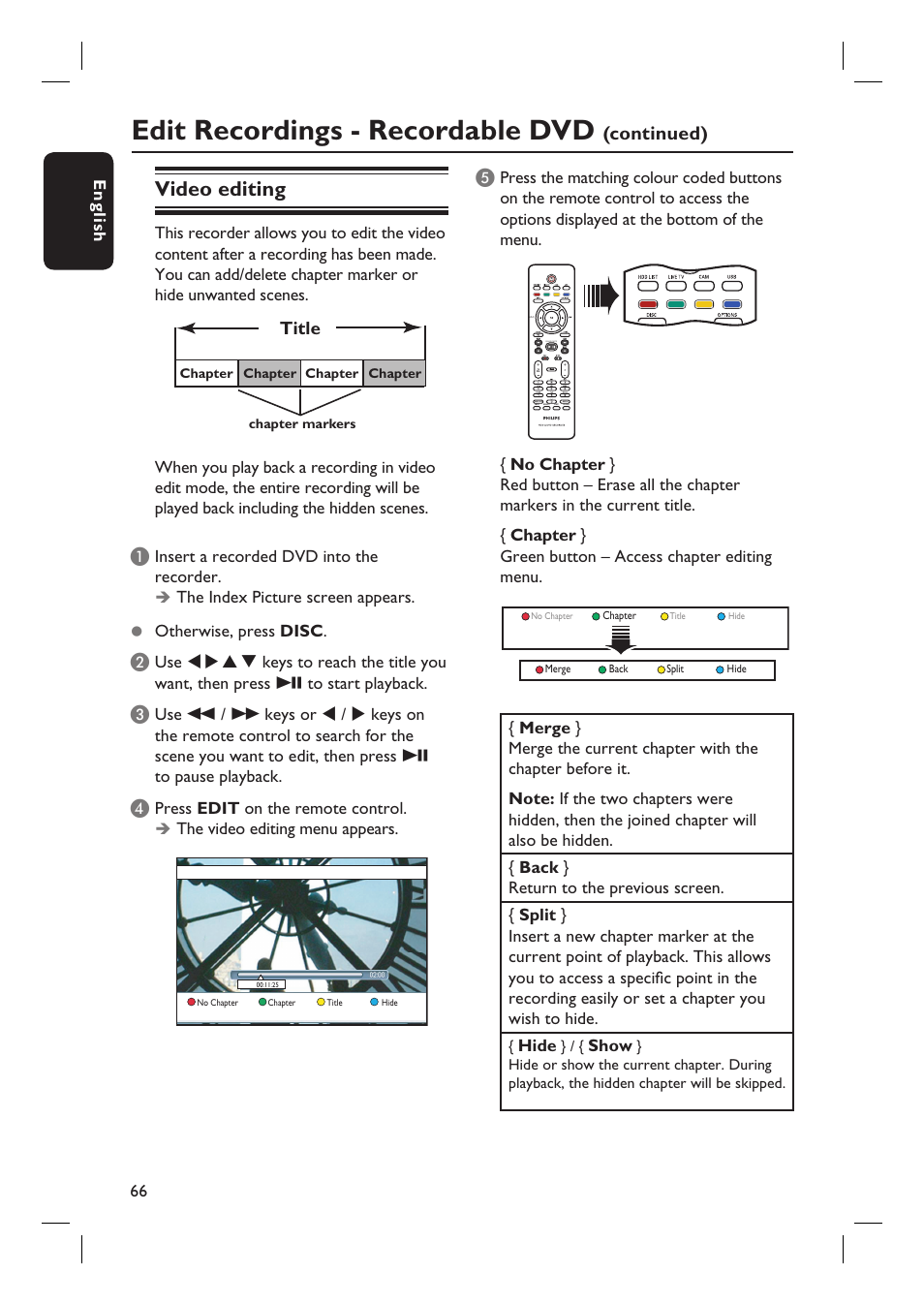 Edit recordings - recordable dvd, Video editing, Continued) | Title | Philips DVDR5590H User Manual | Page 66 / 95