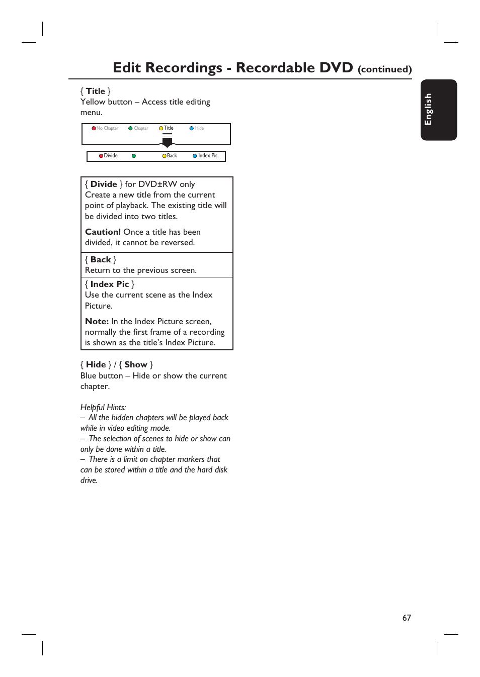 Edit recordings - recordable dvd, Continued) | Philips DVDR5590H User Manual | Page 67 / 95