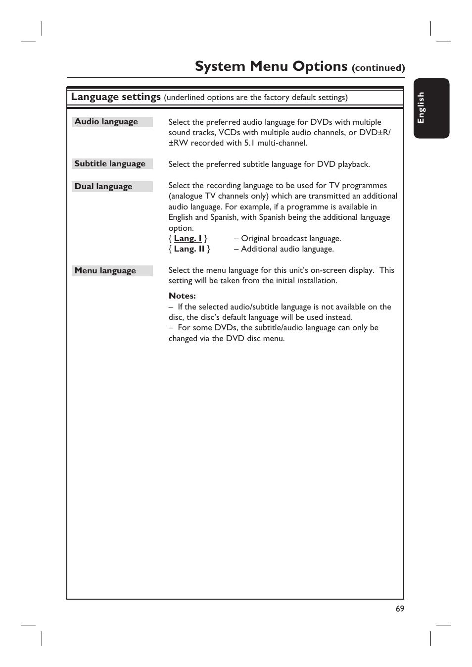 System menu options | Philips DVDR5590H User Manual | Page 69 / 95