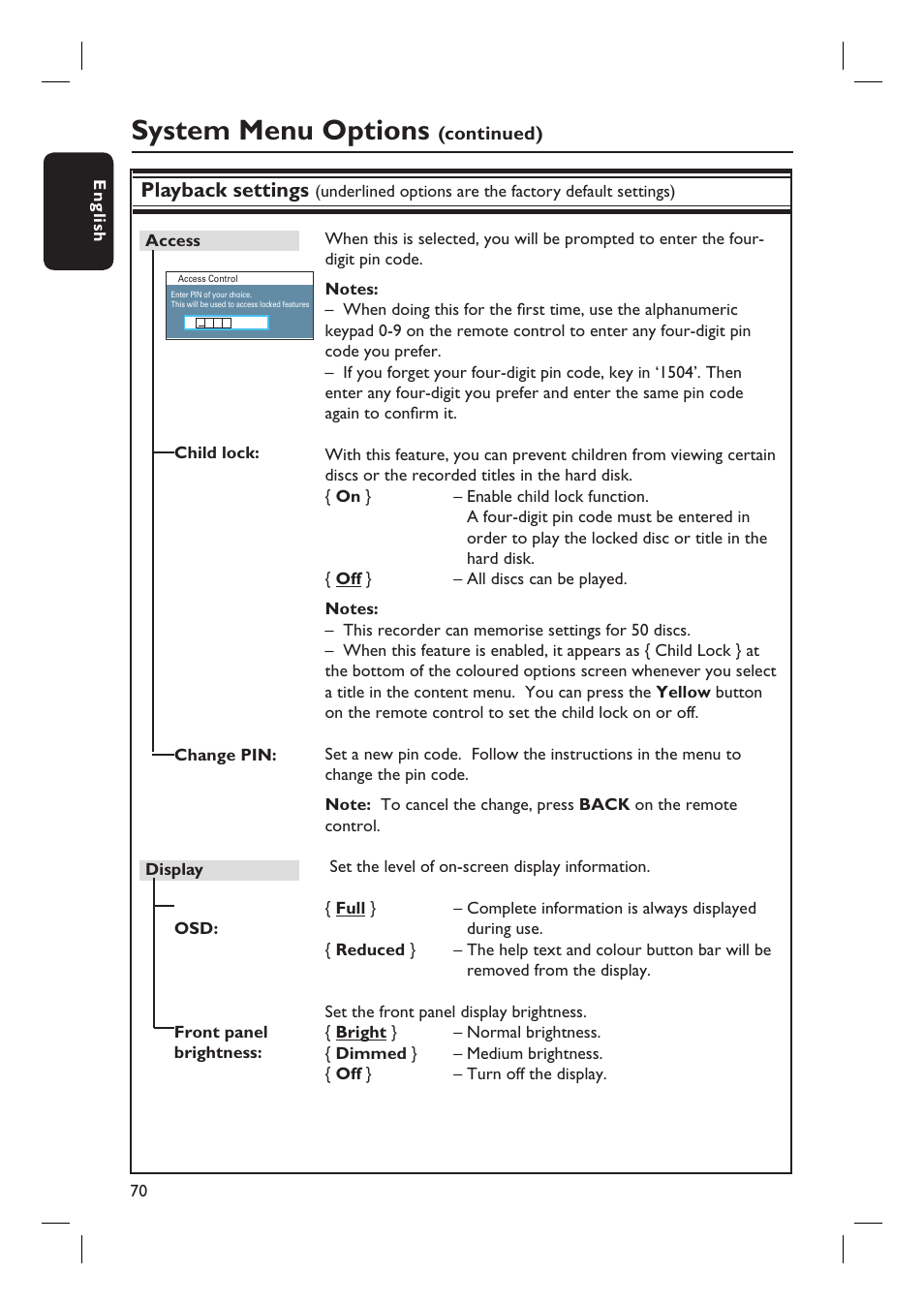 System menu options, Playback settings | Philips DVDR5590H User Manual | Page 70 / 95