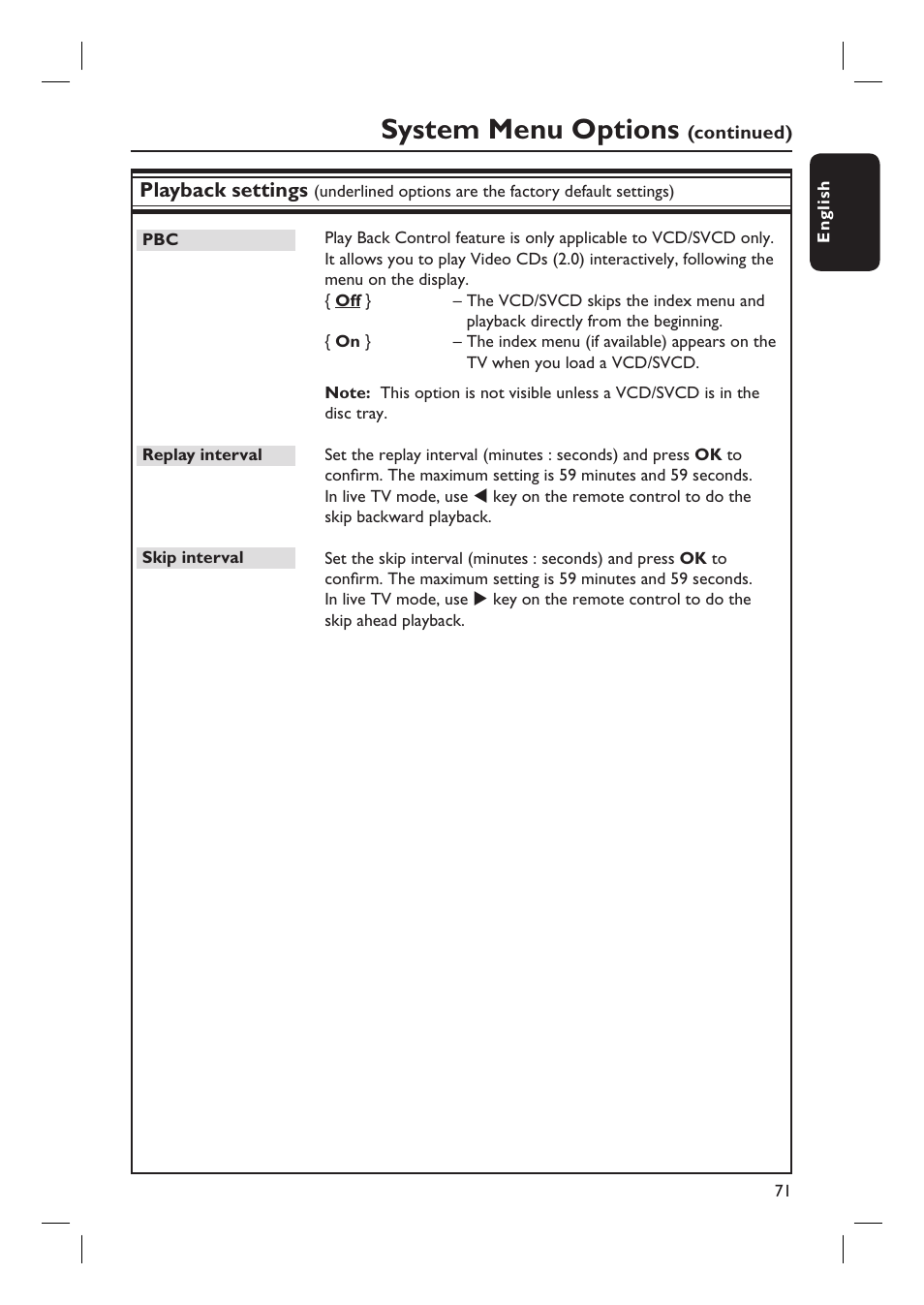 System menu options | Philips DVDR5590H User Manual | Page 71 / 95