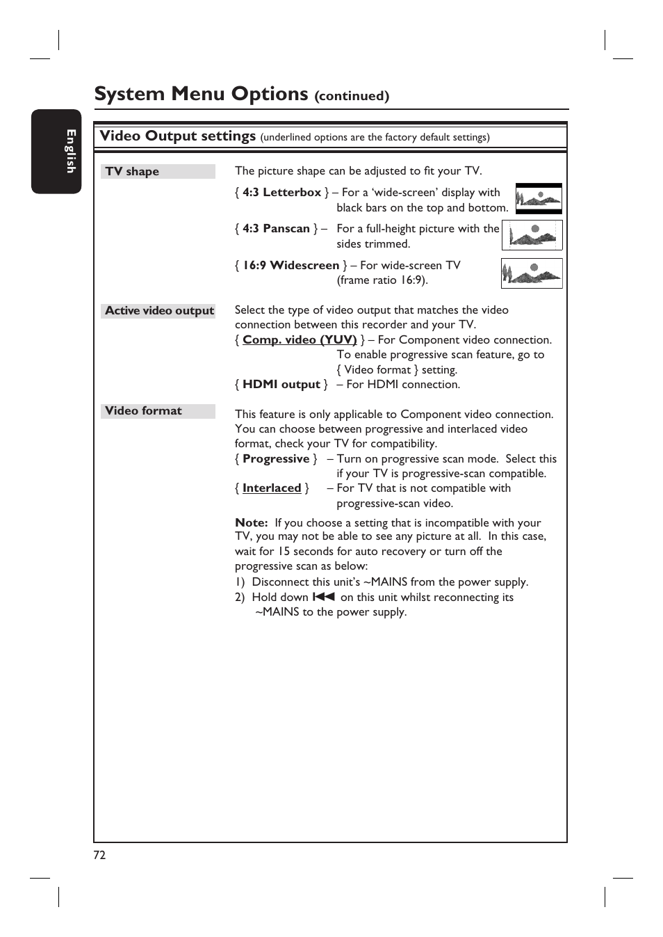 System menu options | Philips DVDR5590H User Manual | Page 72 / 95