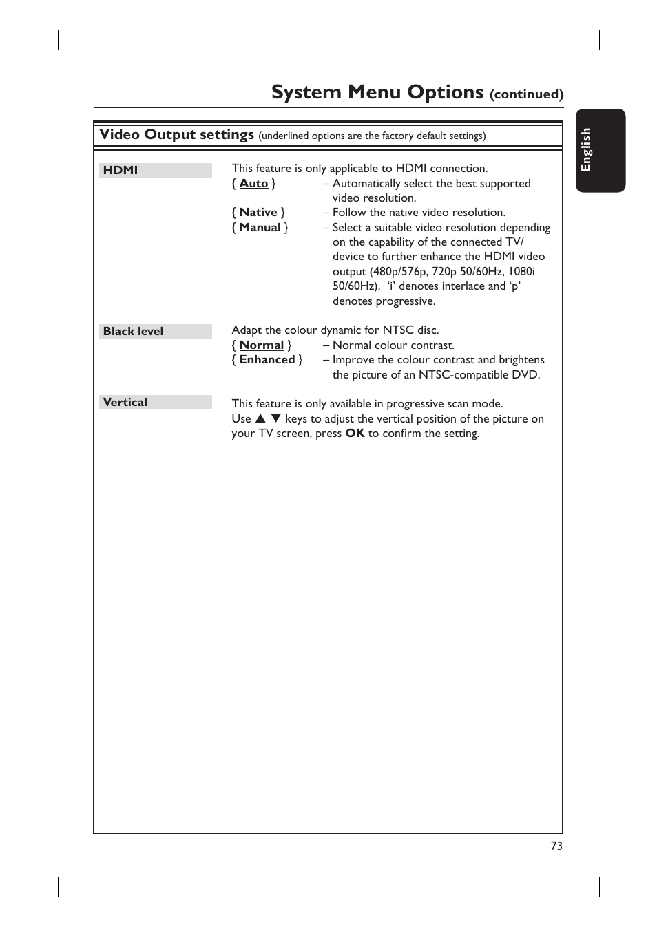 System menu options | Philips DVDR5590H User Manual | Page 73 / 95